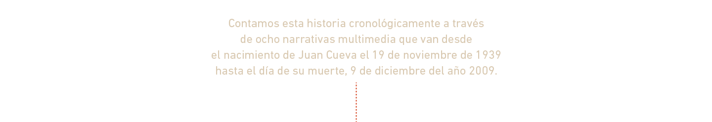 Contamos esta historia cronológicamente a través de ocho narrativas multimedia que van desde el nacimiento de Juan Cueva el 19 de noviembre de 1939 hasta el día de su muerte, 9 de diciembre del año 2009