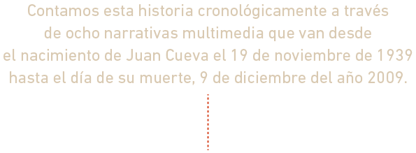 Contamos esta historia cronológicamente a través de ocho narrativas multimedia que van desde el nacimiento de Juan Cueva el 19 de noviembre de 1939 hasta el día de su muerte, 9 de diciembre del año 2009. celular